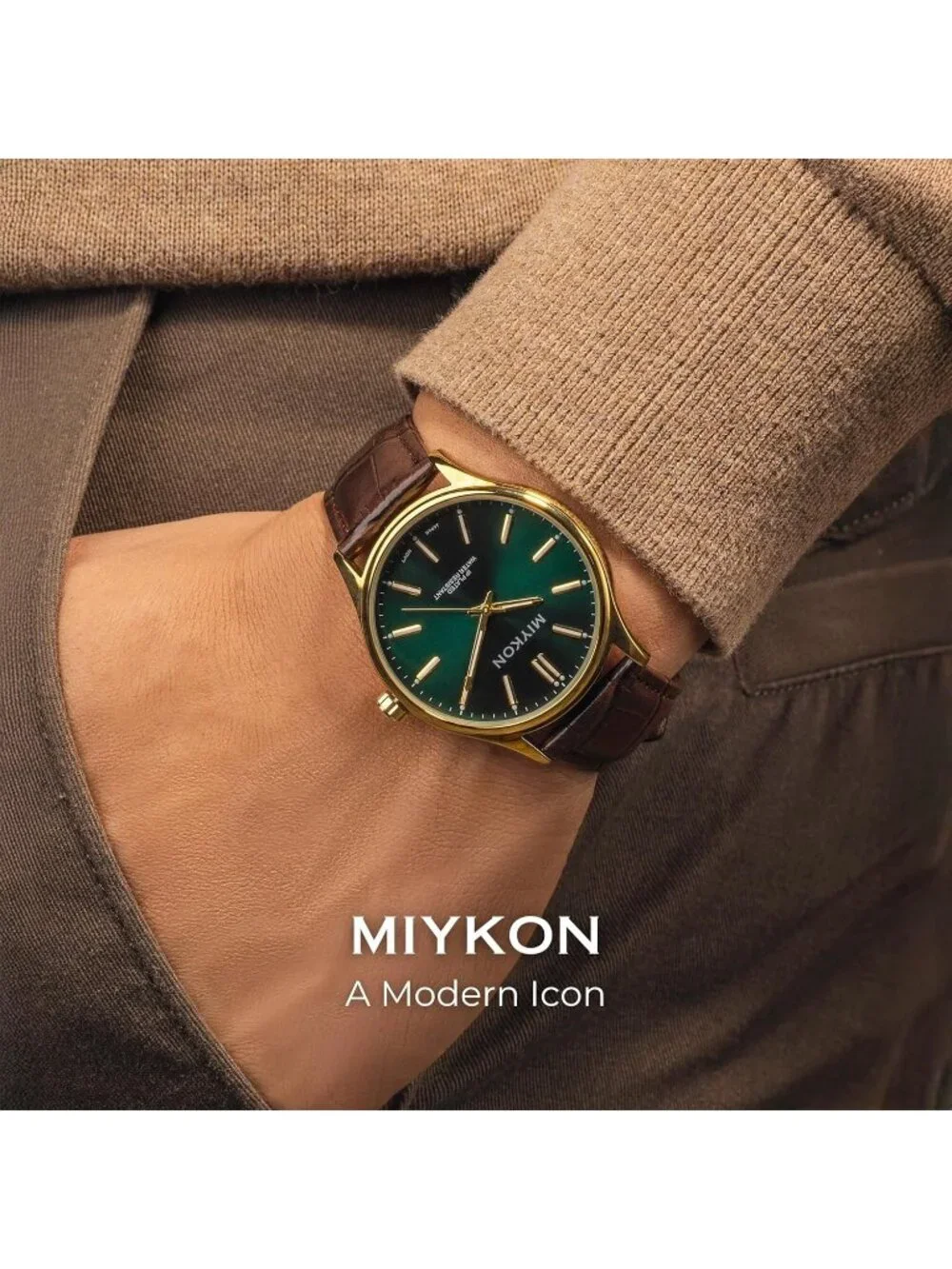 Men's Brown And Green Analog Leather Strap Ultra-Thin Waterproof Classic Watch
